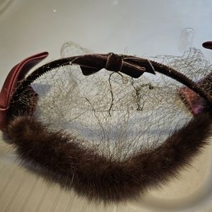 Vintage 40s 50s Fascinator Hat Brown Velvet and Red Satin with Tulle and Fur